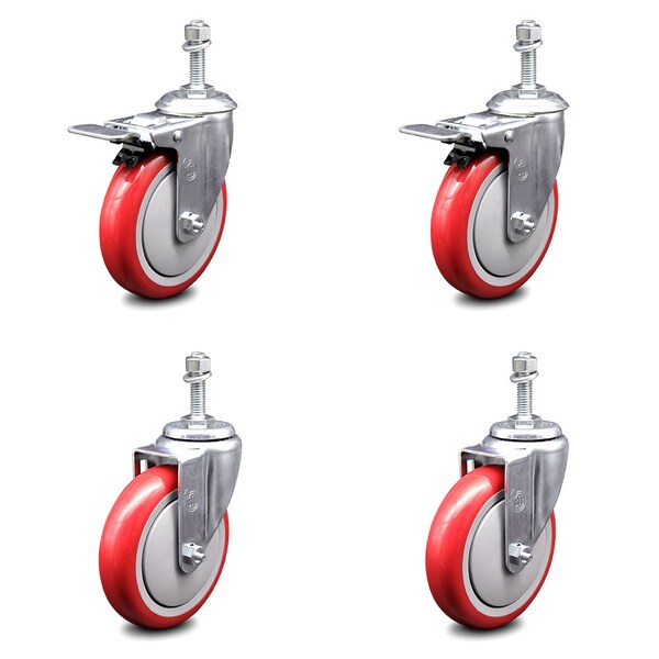 Service Caster 5 Inch Red Polyurethane Swivel 10mm Stem Caster Total Lock Brake SCC, 2PK SCC-TSTTL20S514-PPUB-RED-M1015-2-S-2 - main